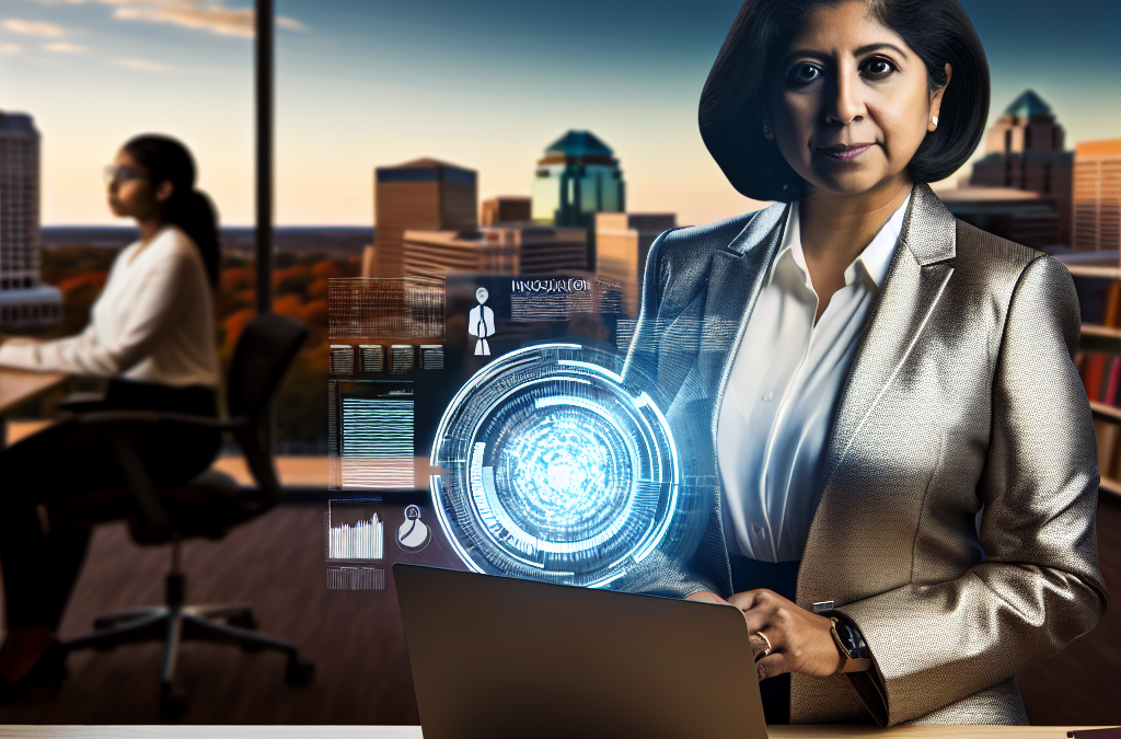 Business leader in a modern Northern Virginia office representing AI, education, and scholarship support